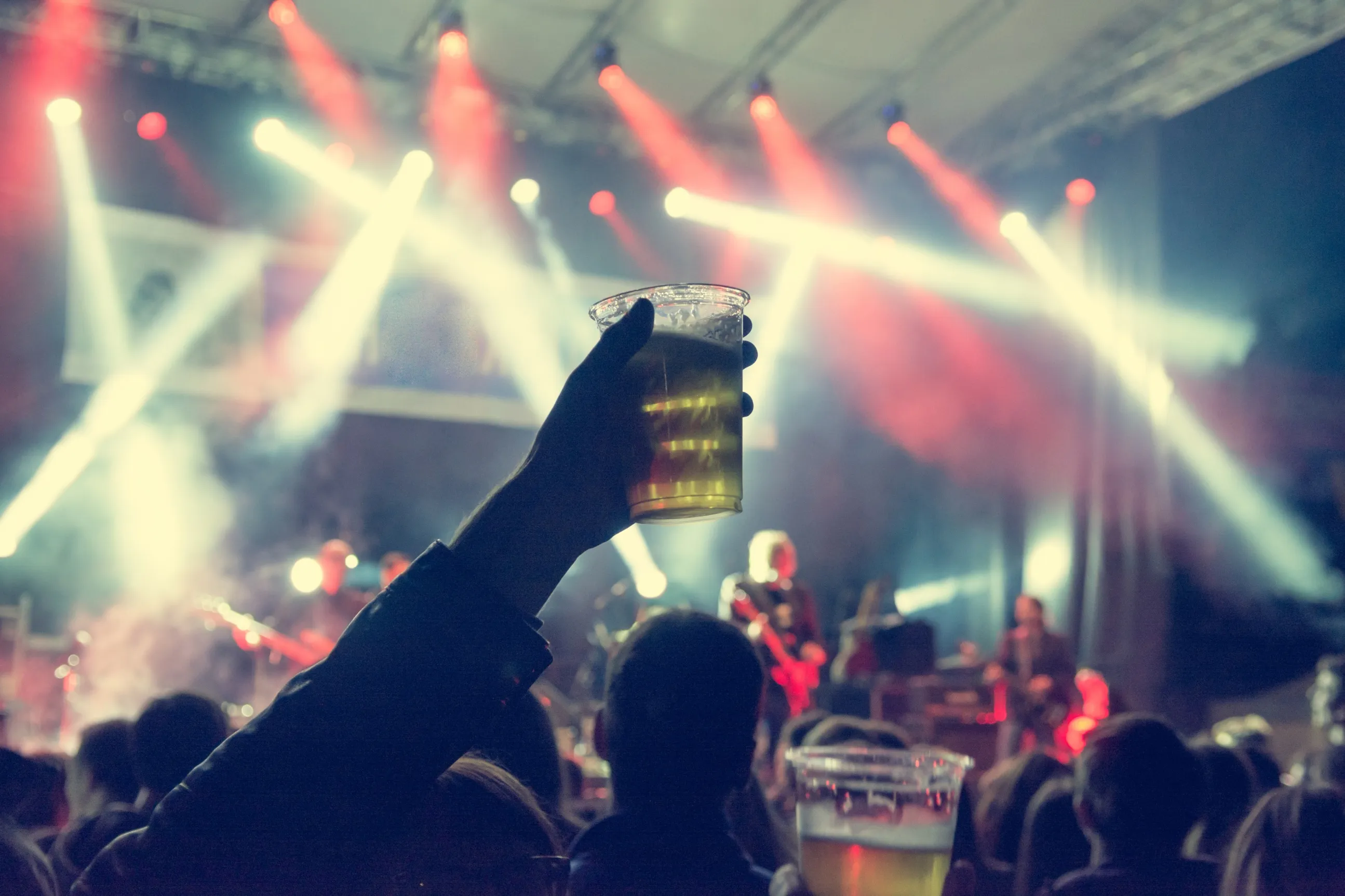 Raised beer glass in a crowd at a concert setting.